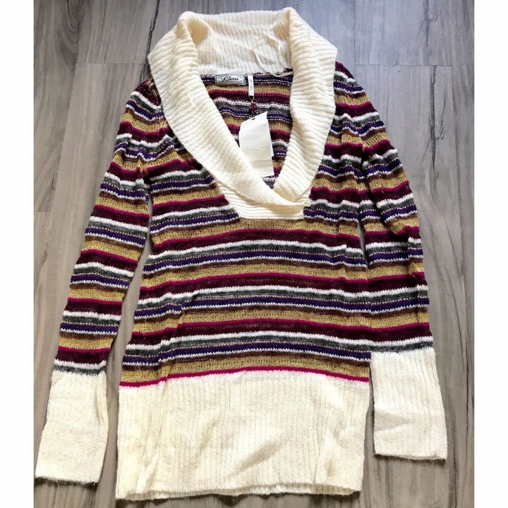 NWT GUESS SHAWL WOOL MOHAIR METALLIC TUNIC SWEATER L